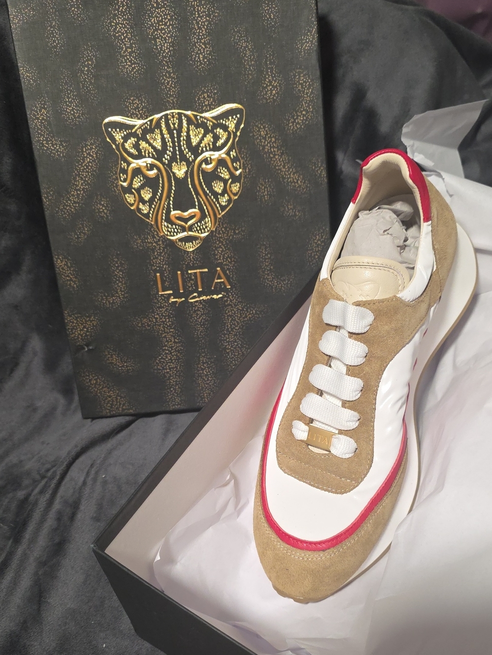 LITA by Cesare Paciotti Tan & White Suede Sneaker with Red Trim